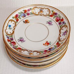 Vintage Shumann Bavarian Dresden Lot of Seven Floral Gold Saucers